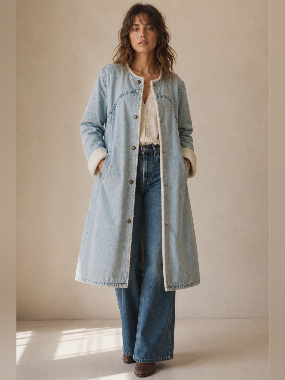 Anthropologie Pilcro Sherpa-Lined Long Denim Coat – Size Small